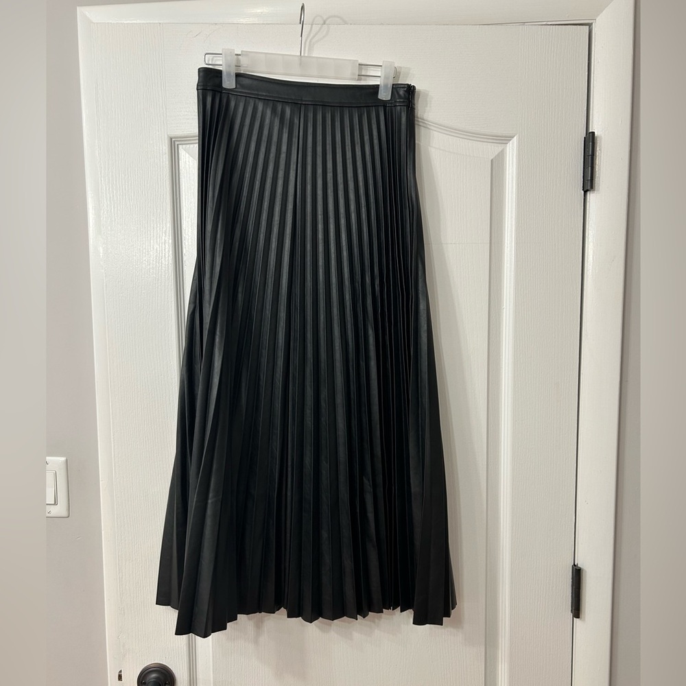 Black pleated leather midi skirt